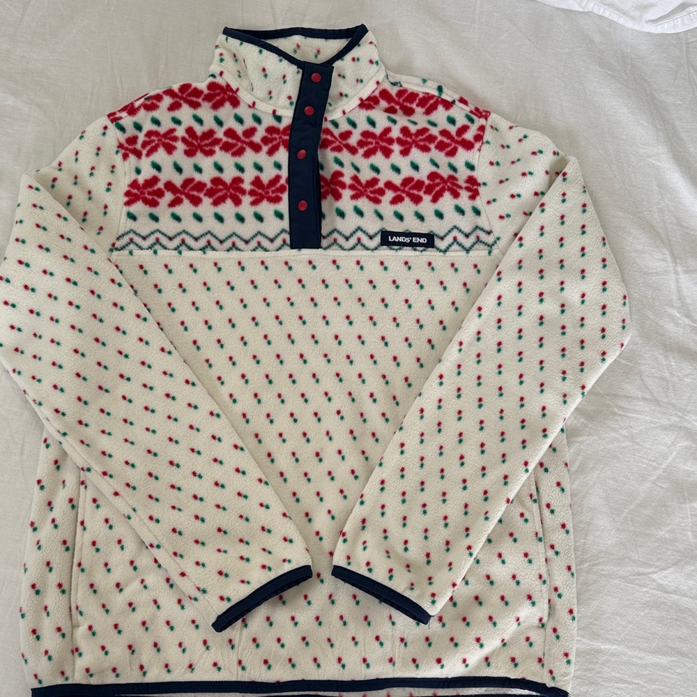 Lands' End Festive Cream and Red fleece